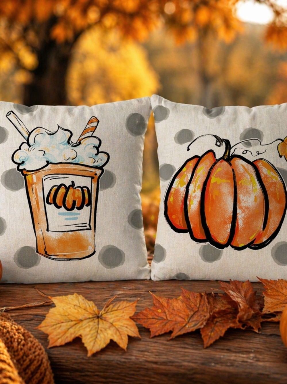 Set Of 2 Autumn Pumpkin & Latte Throw Accent Pillows - Orange